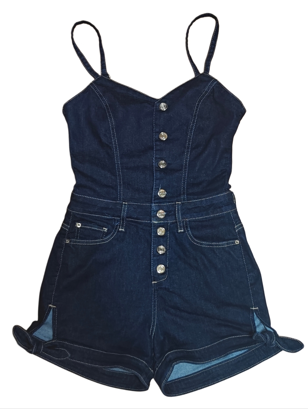 Y2K denim romper with button-up front, adjustable straps,&pockets Size XS